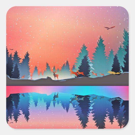 Schilderachtig wintermeer met Deer Vierkante Sticker (Voorkant)
