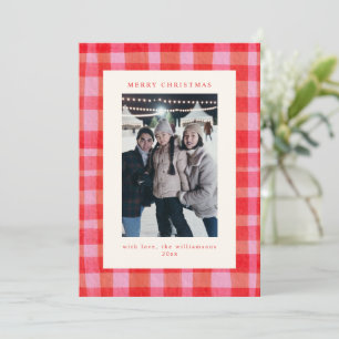 Schilderachtige roze rode geruite Kerst foto brief Feestdagenkaart