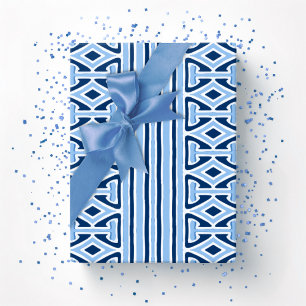 Schilderachtige Traliewerk Streep in Blauwe Indigo Cadeaupapier