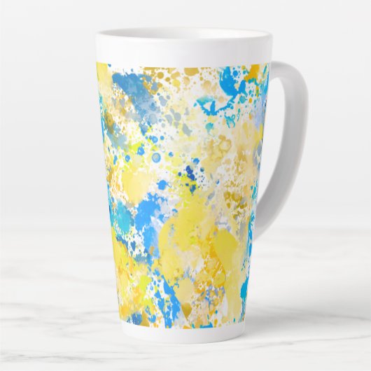 Schilderblauw en geel latte mok (Rechterhoek)