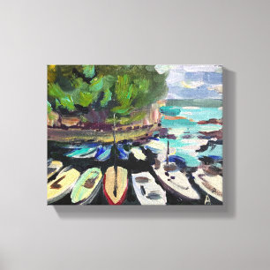 Schilderen, klassiek, landschap met boten op het z canvas afdruk