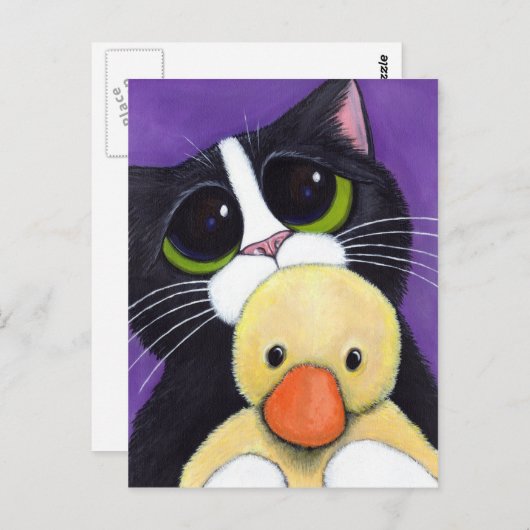 Schilderen met scared Tuxedo Cat en Cudly Duck Briefkaart (Voorkant / Achterkant)