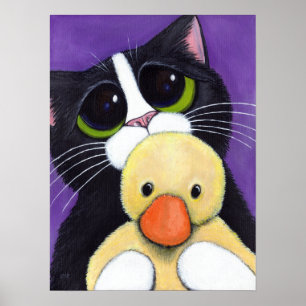 Schilderen met scared Tuxedo Cat en Cudly Duck Poster