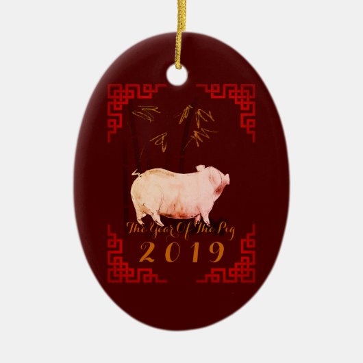 Schilderen van Chinees Lijst Varkenshaar 2019 Oval Keramisch Ornament (Voorkant)