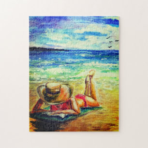 Schilderen van de puzzelvrouw op het strand legpuzzel