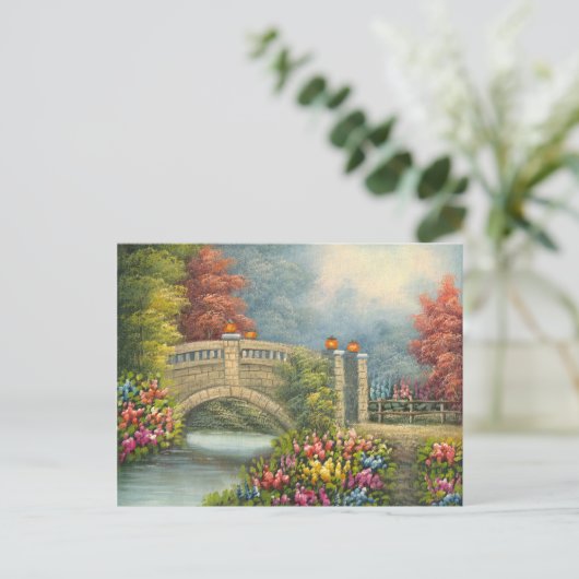 Schilderen van een loopbrug omringd door bloemen briefkaart (Staand voorkant)