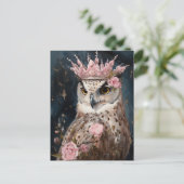 Schilderen van een uil met een kroon en roze rozen briefkaart (Staand voorkant)