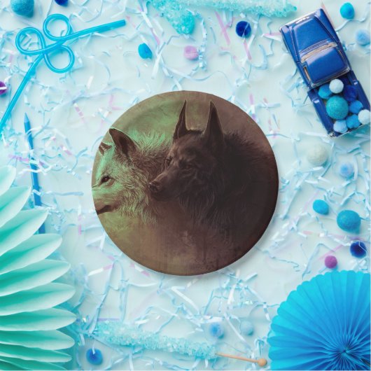 Schilderen van zwarte wolf en witte wolf. papieren bordje (Feest)