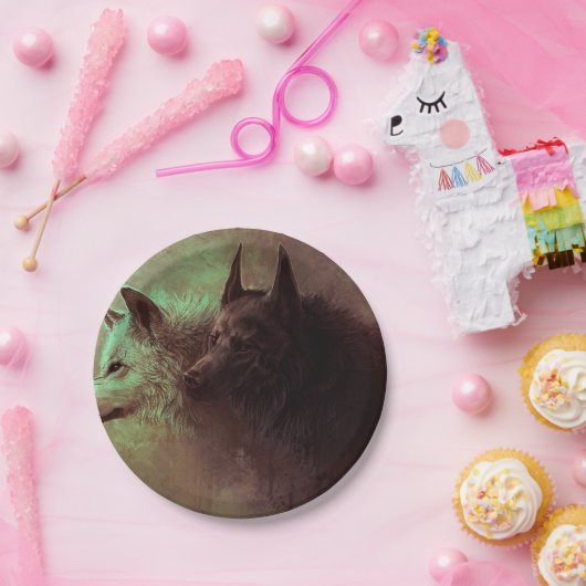 Schilderen van zwarte wolf en witte wolf. papieren bordje (Feest)