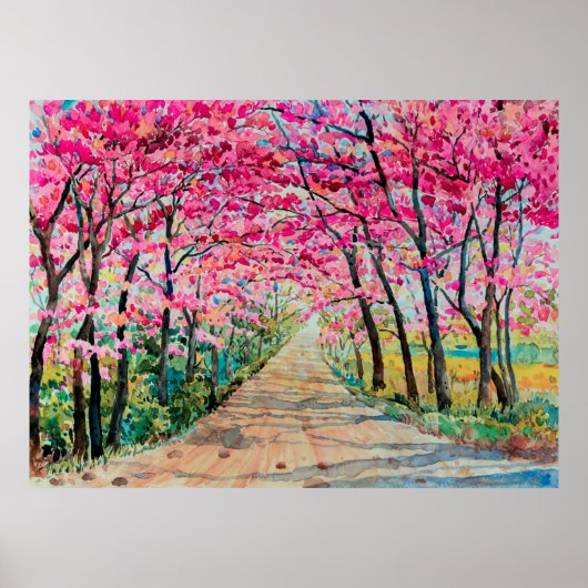 Schilderen waterverf landschap roze rode kleur Tun Poster (Voorkant)