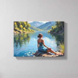Schilderij (Jonge vrouw aan een meer) Canvas Afdruk