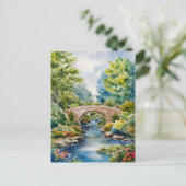 schilderij kunst landschap groene tuin brug meer briefkaart (Staand voorkant)