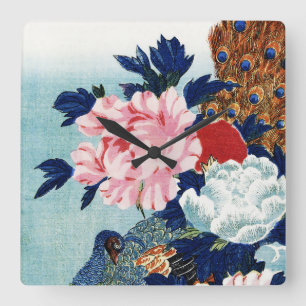 Schilderij met vintage pauw en pioenbloemen vierkante klok