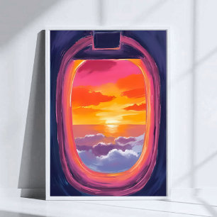 Schilderij met vliegtuigstoel bij zonsondergang ti poster