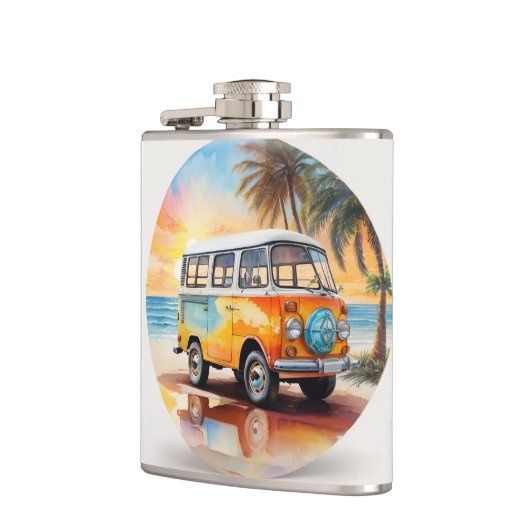 schilderij minibus op het strand heupfles (Links)