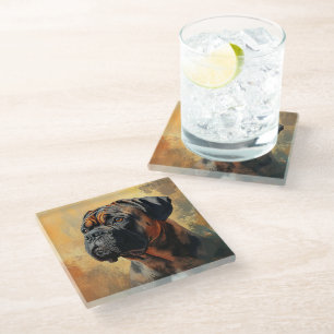 SCHILDERIJ TAN EN ZWARTE BULLMASTIFF HOND GLAZEN ONDERZETTER