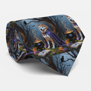 Schilderij van Akita-hond in fantasievolle Hallowe Stropdas