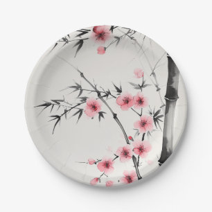 Schilderij van bamboe en kersenbloesems in wash papieren bordje