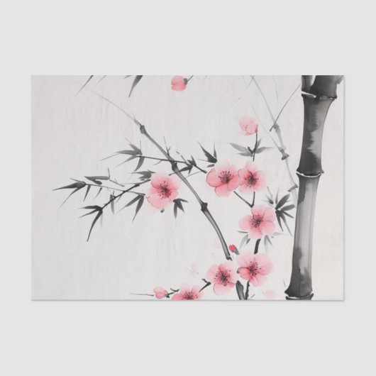 Schilderij van bamboe en kersenbloesems in wash tissuepapier (Voorkant)