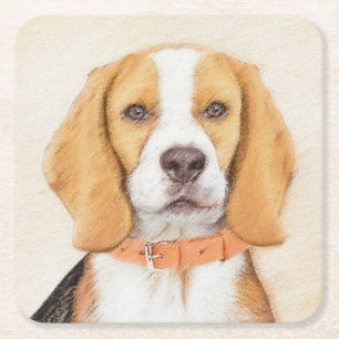 Schilderij van Beagle-hond Originele Dierkunst Vierkante Kartonnen Onderzetter