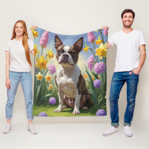 Schilderij van Boston Terrier-hond met lente bloem Fleece Deken