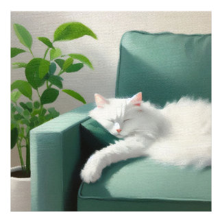 Schilderij van de kat slapen op een groene bank foto afdruk