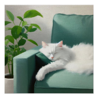 Schilderij van de kat slapen op een groene bank perfect poster