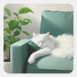 Schilderij van de kat slapen op een groene bank vierkante sticker