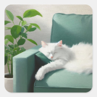 Schilderij van de kat slapen op een groene bank vierkante sticker
