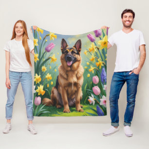 Schilderij van Duitse Herdershond en Lente Bloemen Fleece Deken