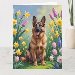 Schilderij van Duitse Herdershond en lente bloemen Kaart