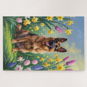 Schilderij van Duitse Herdershond en lente bloemen Legpuzzel (Horizontaal)
