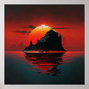 Schilderij van een lieflijk eiland bij zonsonderga poster