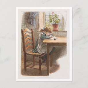 Schilderij van een meisje dat schrijft briefkaart