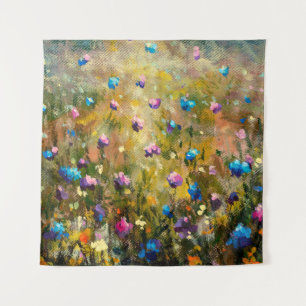 schilderij van een mooie weide van een blauwe roze wandkleed