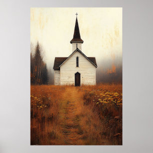 Schilderij van een verlaten landelijke kerk poster