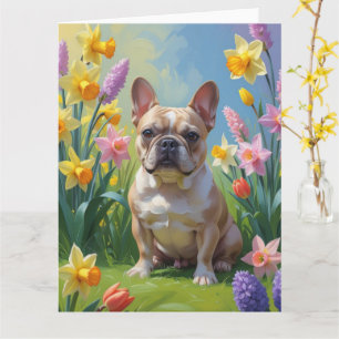 Schilderij van Franse Bulldog en lente bloemen Kaart