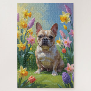 Schilderij van Franse Bulldog en lente bloemen Legpuzzel