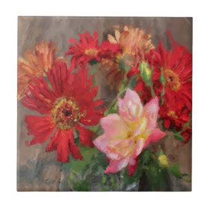 schilderij van gerbera daisy en rozenbouquet tegeltje