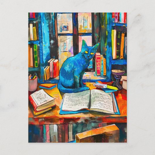 schilderij van kat tussen opengeslagen boeken briefkaart (Voorkant)