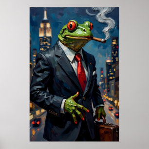 Schilderij van kikker in pak met sigaar poster