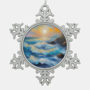 Schilderij van lichtblauwe zee golven onder de zon tin sneeuwvlok ornament