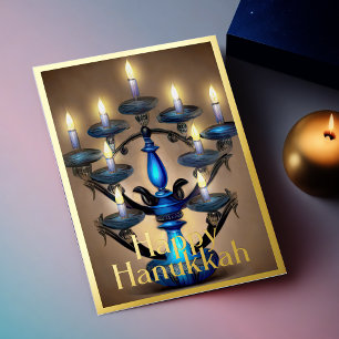 Schilderij van Menorah Happy Chanoeka Gold Blue Folie Feestdagenkaart