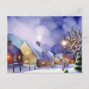 Schilderij van met sneeuw bedekte huizen in de win feestdagenkaart