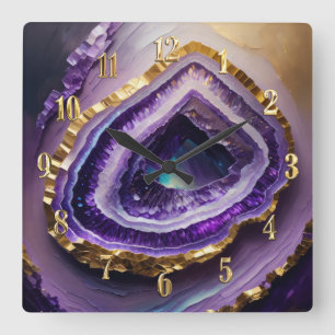 Schilderij van Paarse en Gouden Geode Vierkante Klok