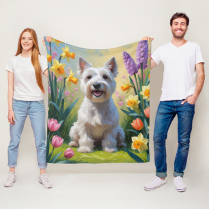 Schilderij van Skye Terrier-hond met lente bloemen Fleece Deken
