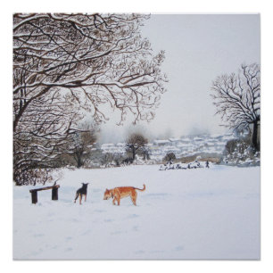 schilderij van sneeuwscand met honden perfect poster