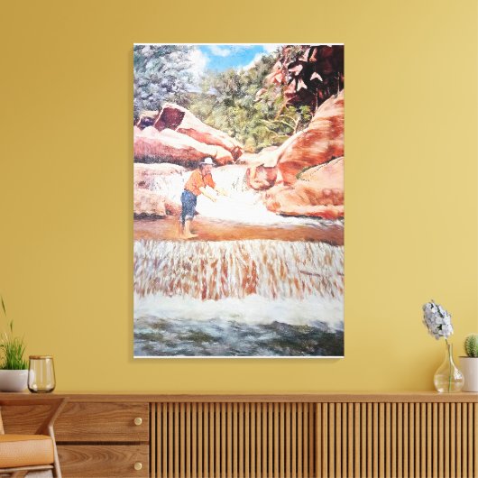Schilderij van Visser In Waterval Canvas Afdruk (Insitu (Woonkamer))