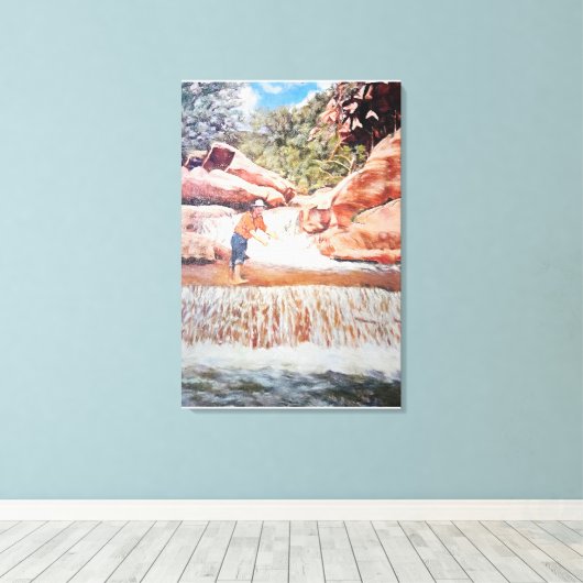 Schilderij van Visser In Waterval Canvas Afdruk (Insitu (Houten vloer))