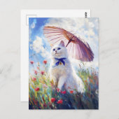 Schilderij van Witte Kat met Parasol in Poppy Fiel Briefkaart (Voorkant / Achterkant)